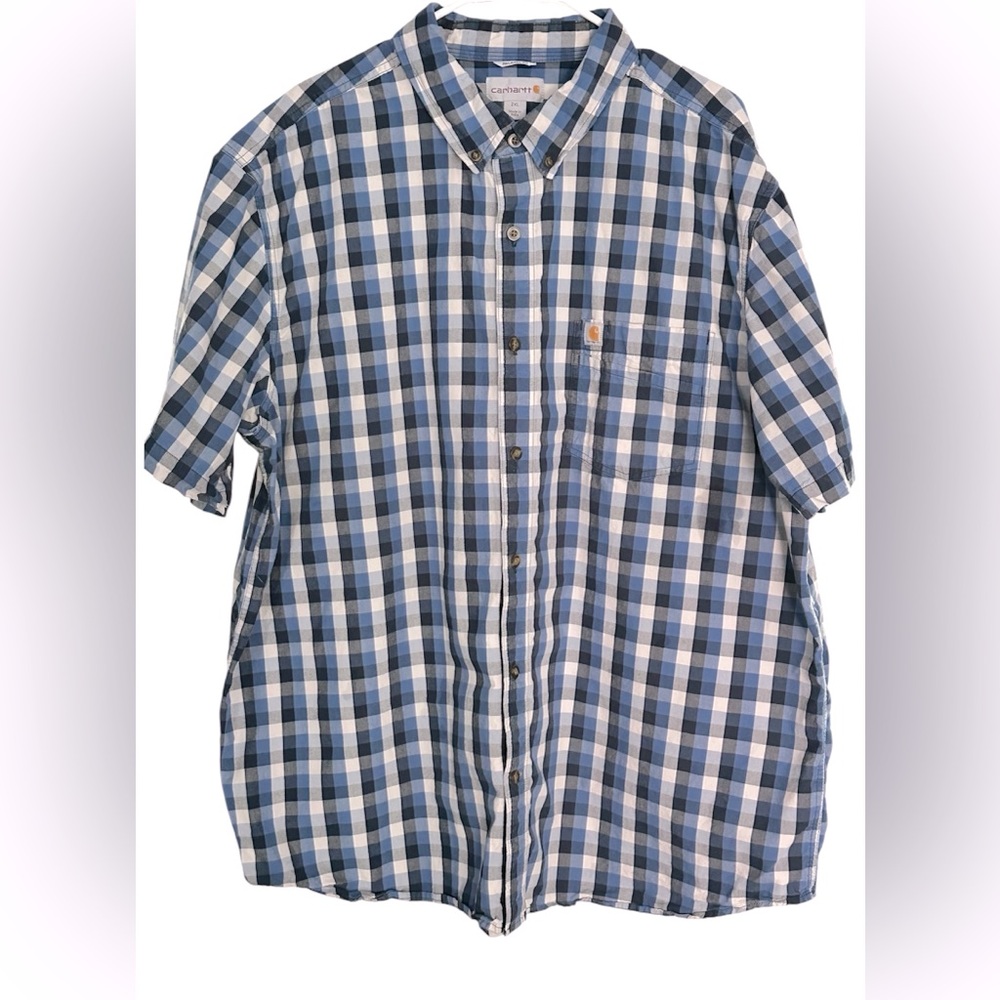Carhartt Men’s Blue and White Casual Button Down Shirt 2XL Pre-Loved